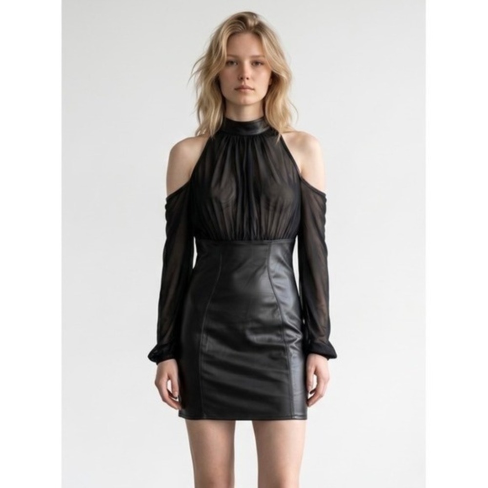 CATANZARO Black Faux Leather Mesh Cold Shoulder Mock Neck Mini Dress Bodycon